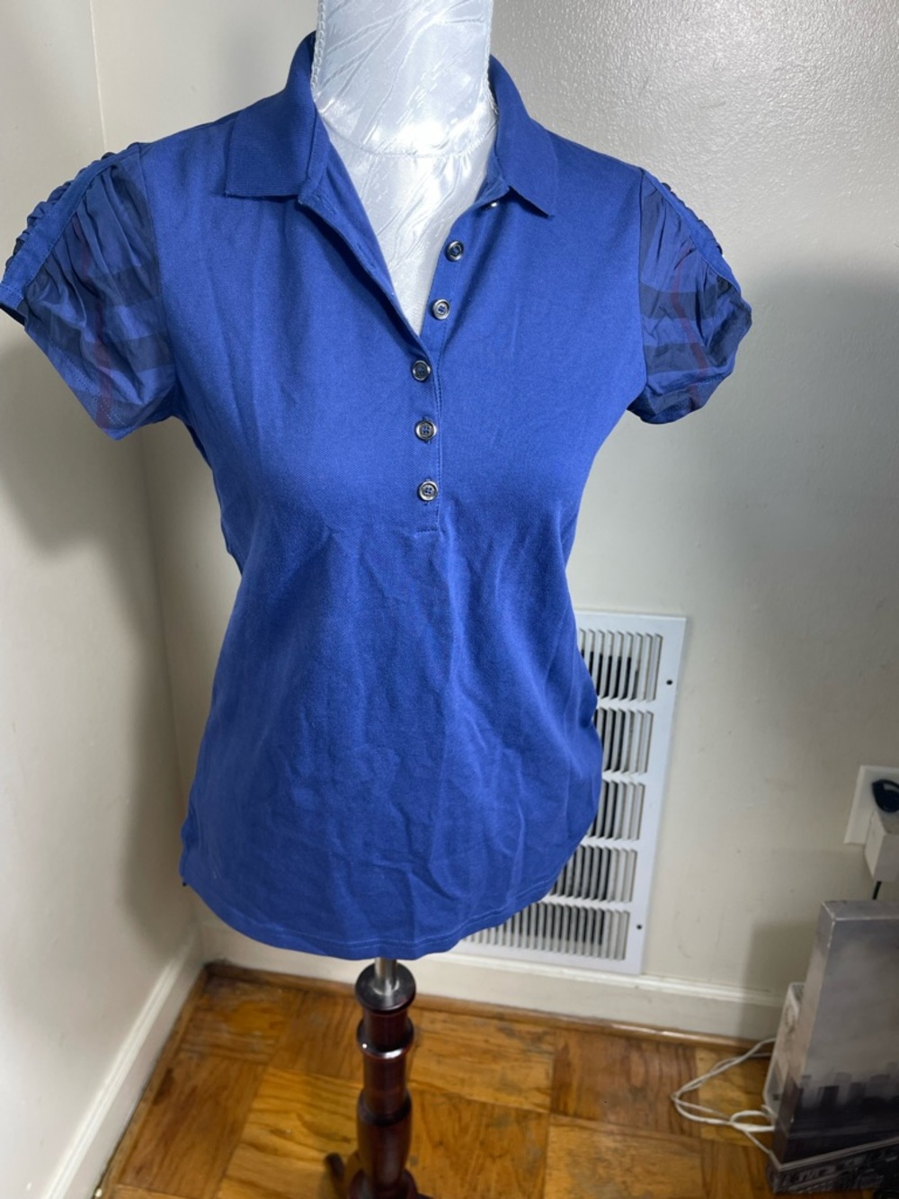 Burberry Royal Blue Button-Front Polo with Sheer Puff Sleeves - Picture 2 of 5